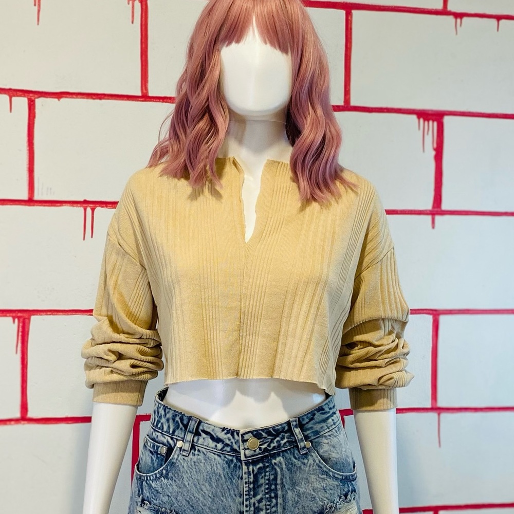 Drop Shoulder Long Sleeves Cropped Cream Cardigan